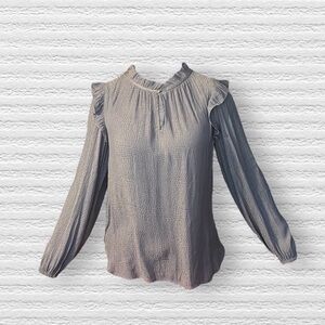 LOFT Slate Blue Ruffle Collar Spotted Long Sleeve Blouse Size Small